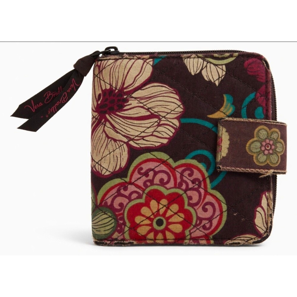Vera Bradley Zip Around Wallet Wristlet Floral Brown Boho Bifold Card Holder